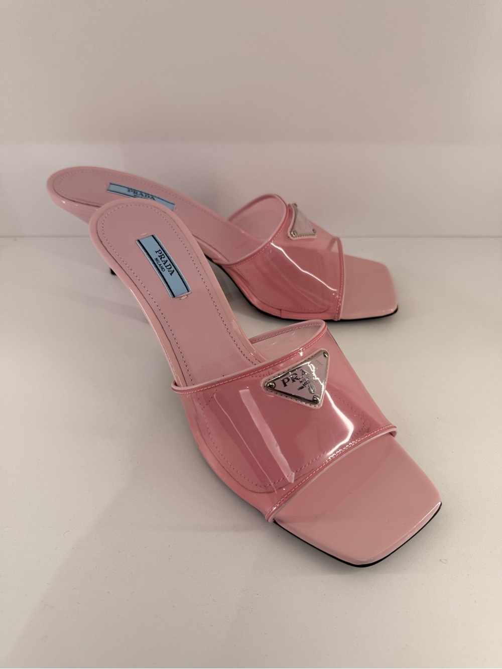 Prada Pink Patent Slide Mules with Triangle Logo - Picture 2 of 8